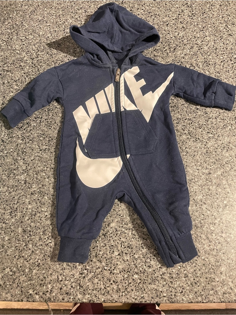 Nike Navy and White Hooded Baby One-Piece Bodysuit with Zip